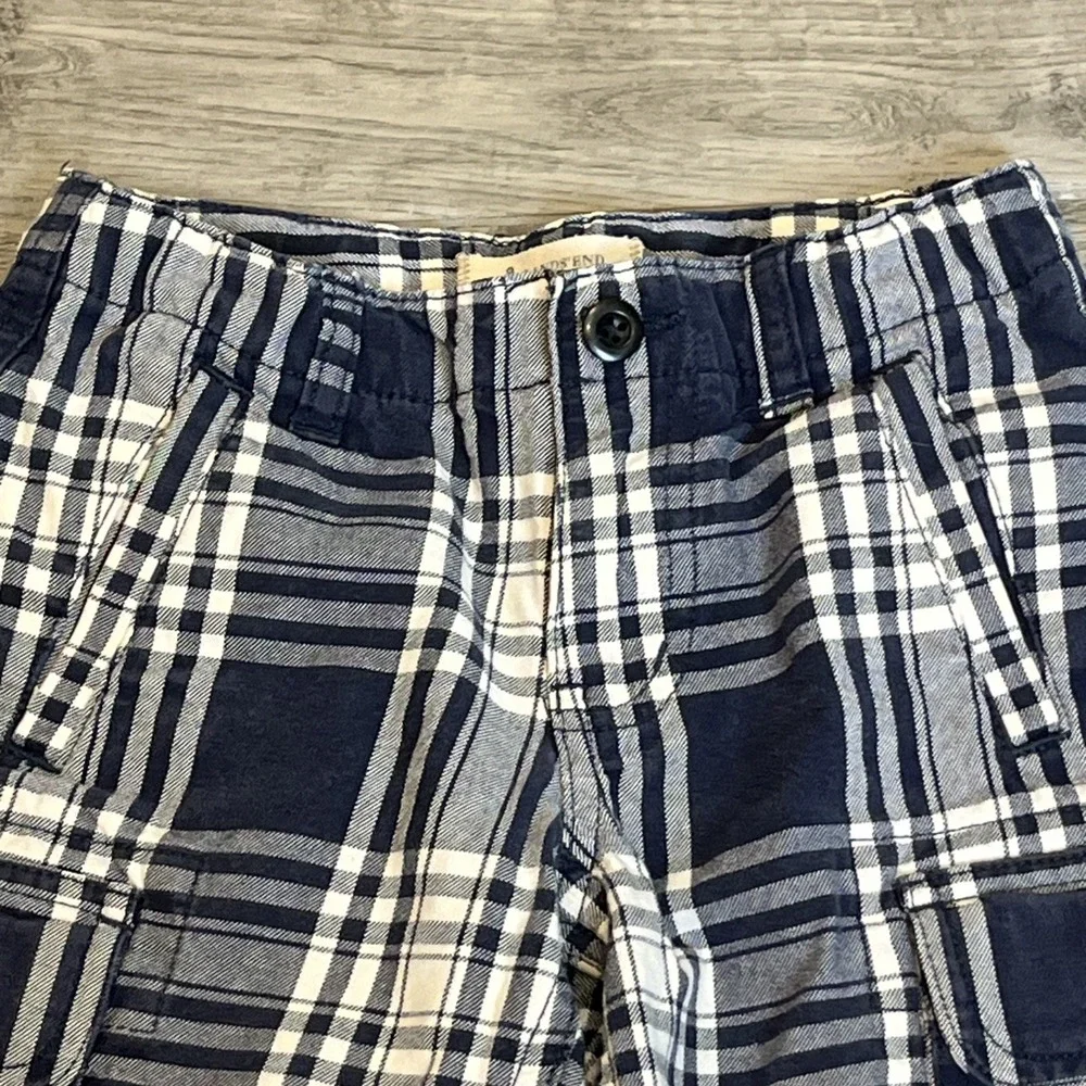 Lands' End Shorts Boy 6 Navy Blue Plaid Cargo Shorts‎ Cotton Elastic Back Preppy